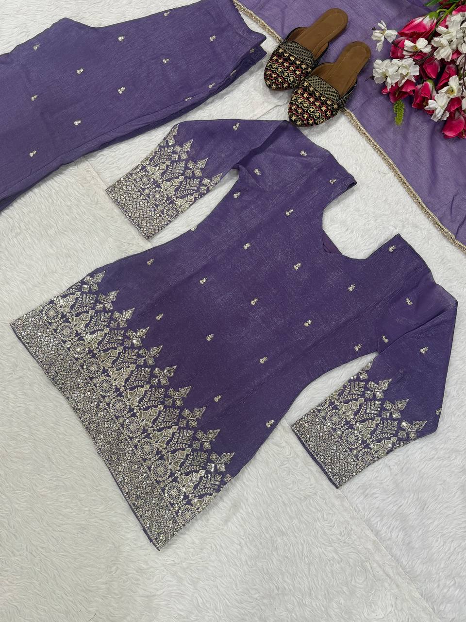 Elegant Lavender Embellished Kurta and Flared Sharara Set Featuring Intricate Silver Zari Embroidery and a Sheer Matching Dupatta